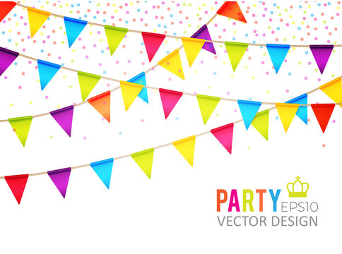 Vector illustration. Party Flags Design with Confetti. Holiday Template.
