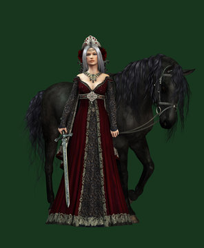 Lady of the Castle with black Horse, 3d CG CA