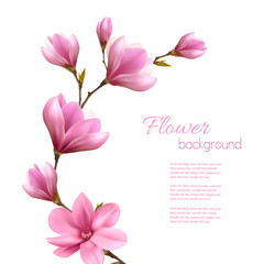 Naklejka premium Nature background with blossom branch of pink magnolia. Vector