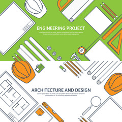 Lined, outline.Vector illustration. Engineering and architecture. Drawing, construction. Architectural project. Design, sketching. Workspace with tools. Planning, building.