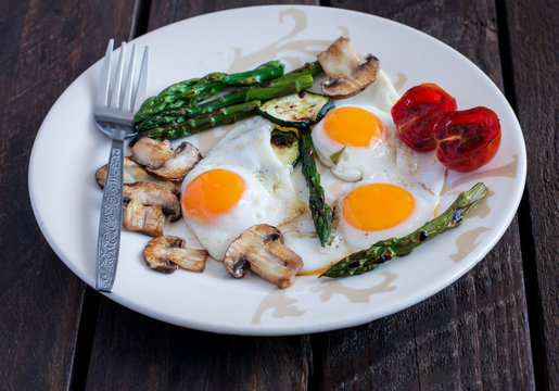 Fried Eggs With Asparagus And Mushrooms