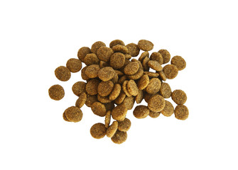 Dry food in granules for Pets. Nutrition food of dogs and cats on an isolated background. Food for the animals. Brown uniform pieces of dry food.