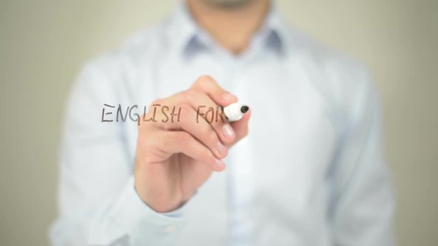 English For Beginners , man writing on transparent screen
