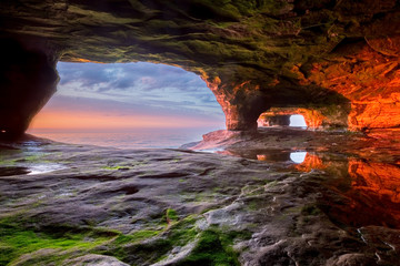 Sea Cave on Lake Superior at Sunset