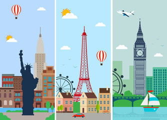 Fototapeta premium Cities skylines design with landmarks. London, Paris and New York cities skylines design with landmarks. Vector