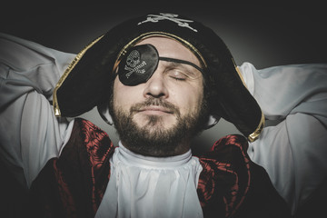 Peace, man pirate with eye patch and old hat with funny faces an