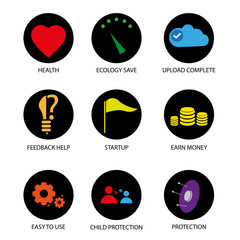 Black circle web icons with color symbols, vector