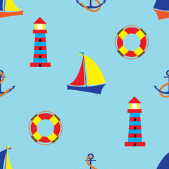 Bright seamless pattern with sea elements in doodle style. 