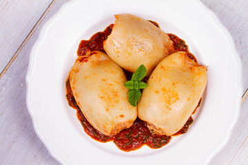 Squid Stuffed with Meat and Vegetables. View from above