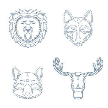 Animal (dear, wolf, fox, elk) portraits. Decorative isolated vector illustration.