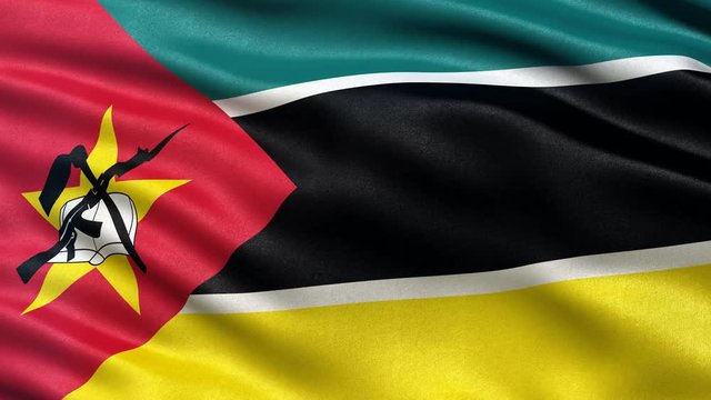 Seamless loop of flag of Mozambique waving in the wind with highly detailed fabric texture.