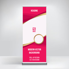 Roll-up banner stand design, red background, vector