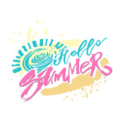 Hello summer hand lettering ink drawn motivation poster.