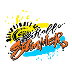 Hello summer hand lettering ink drawn motivation poster.
