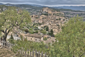 Fototapeta na wymiar Vista del la bonita Villa medieval de Alquézar entre árboles desde un mirador