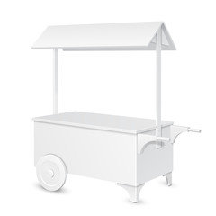 White POS POI Blank Mobile Transportable Retail Stand Stall Bar Display With Roof, Canopy On Wheels. On White Background Isolated. Mock Up Template Ready For Your Design. Product Packing Vector EPS10