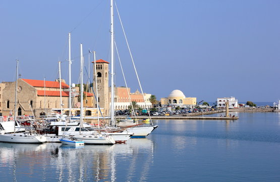 The Mandraki harbor in Rhodes town, Greece.