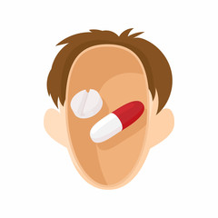 Pills in human head icon, cartoon style