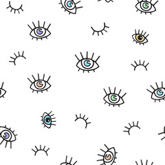 Seamless pattern with eyes on a white background. Bohemian style background for design. Abstract print of open and close eyes. Handwork drawing. Visual art direction