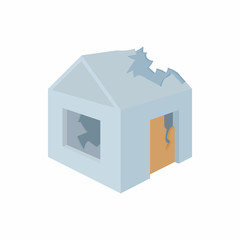 Destroyed house icon in cartoon style