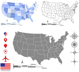 USA map vector outline with scales of miles and kilometers, US flag vector illustration, and creative sets of north arrow and landmark symbols