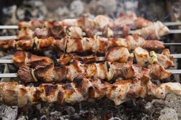 The shish kebabs prepared on a brazier