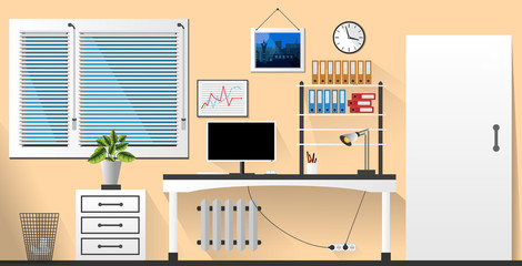 Flat vector interior office room in cream and white style. Vector illustration
