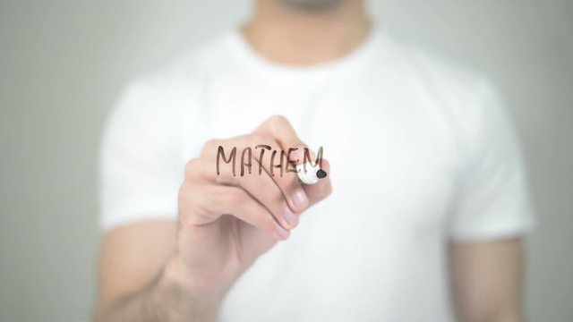 Mathematics, man writing on transparent screen