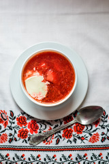 Top view of Borsch - traditional Ukrainian cuisine. 