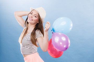 Woman summer joyful girl with colorful balloons