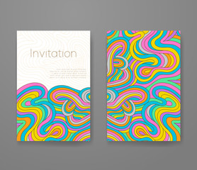 Business card with vivid lines pattern. Psychedelic vector frame template, invitation with place for your text. Flyer layout