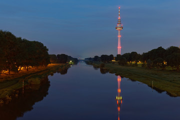 The river Neckar and the telecommunication tower in Mannheim in Germany.