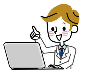 白衣　男性　PC　指差し
