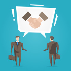 Businessmen with handshake speech cloud vector illustration. Creative graphic concept.
