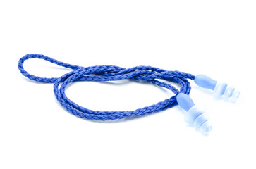 Blue earplugs with a string on white background.