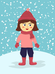 Fototapeta na wymiar Vector illustration of a cute girl wear pink winter suit standing in winter snowy days. 