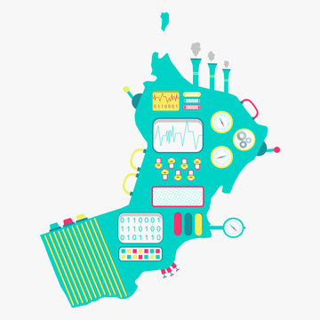 Map of Oman like a cute machine with buttons, panels and levers. Isolated. White background..