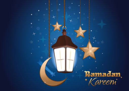 Ramadan Kareem. The moon, stars, lantern against the backdrop of night sky. Ramadan greeting background