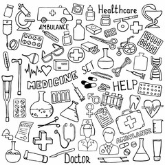 Health care and medicine icon set. Vector doodle illustrations.
