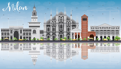Milan Skyline with Gray Landmarks, Blue Sky and Reflections.