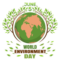 World environment day concept. June 5th. Green Eco Earth. Planets and green leaves. Vector illustration