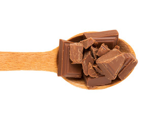 Chocolate in wooden spoons on white background