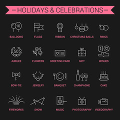 Icons of holidays and celebrations. Linear. White and pink.
