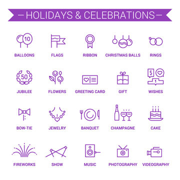 Icons of holidays and celebrations. Linear. Violet.