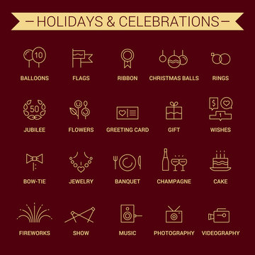 Icons of holidays and celebrations. Linear. Yellow and cherry.