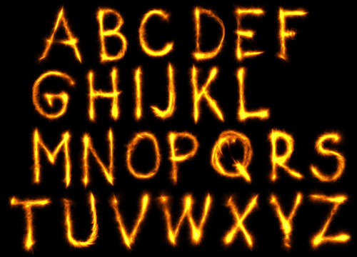The fire english alphabet set on black background