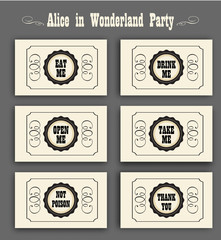 Alice in Wonderland vector set with labels Eat me, Drink me, Open me, Not poison, Thank you. ideal for decoration at a wedding Banquet or a birthday