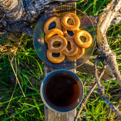 Tea comes from steam. Early spring morning. morning fog.