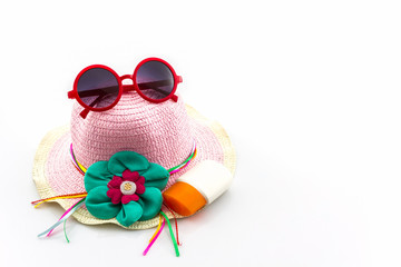 Woven hat, with red sunglasses.