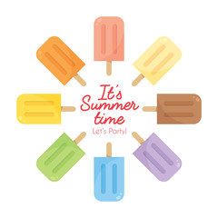 Vector set of various flavor popsicles isolated on white background. Rainbow color popsicles.